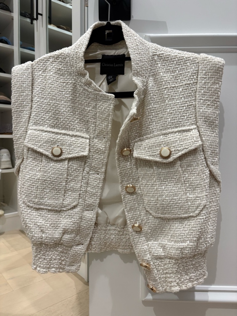 Women’s Christian Lacroix cream cropped sleeveless blazer size XS